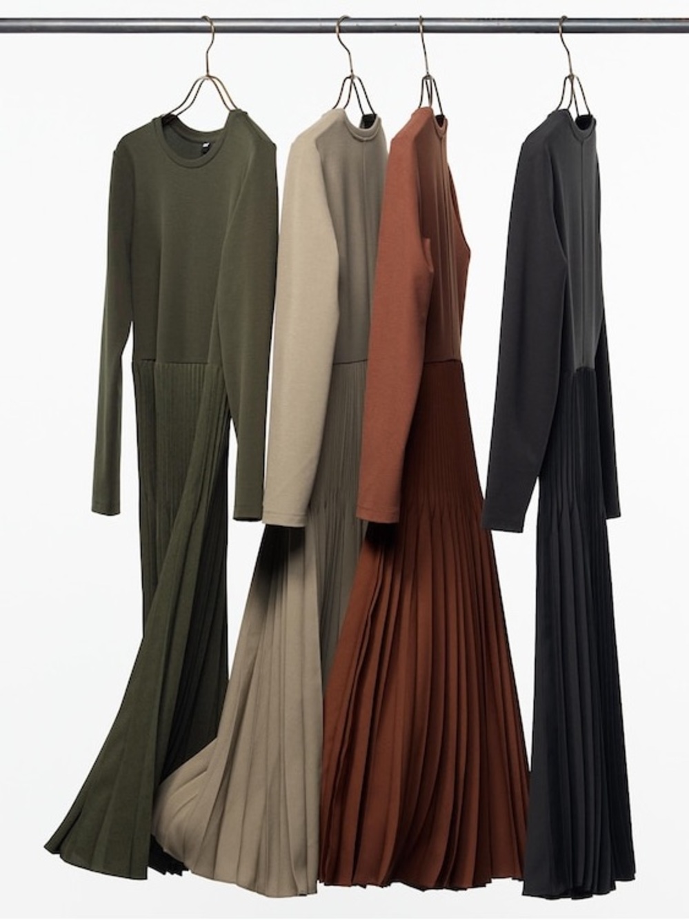 EUC [Uniqlo] Pleated Long Sleeve Combination Tiered Flared Dress Brown Women’s M - Picture 4 of 14
